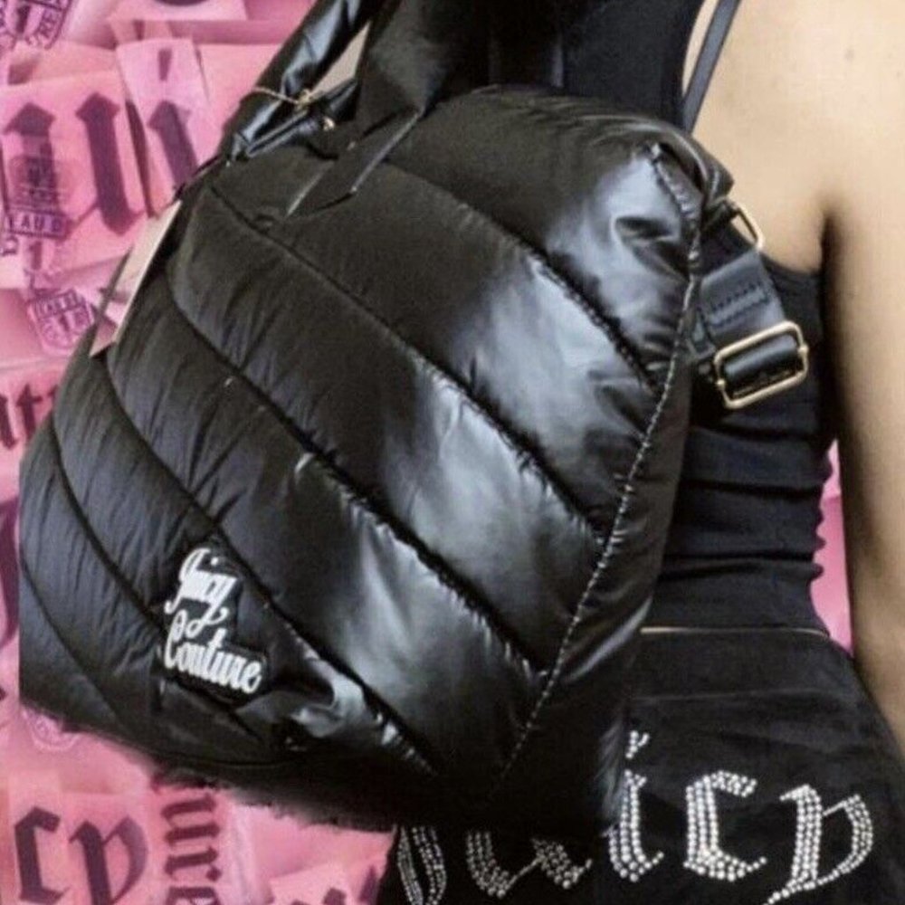 NEW! NWT JUICY COUTURE Snow Bunny Large Puffy Weekender Bag Black Licori…